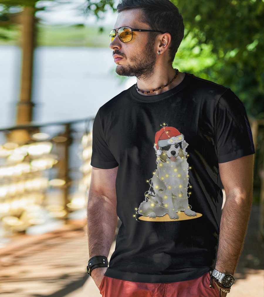 Santa Hat Australian Shepherd Wrapped In Christmas Lights T-Shirt