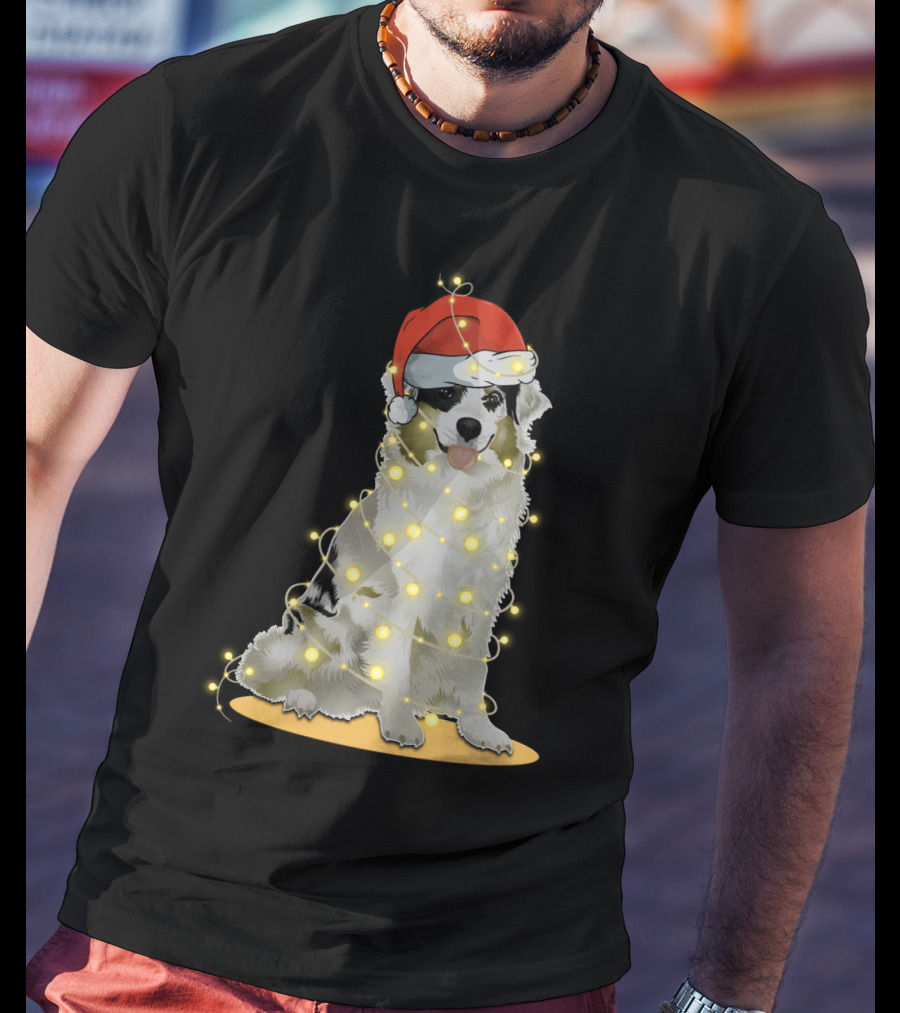 Santa Hat Australian Shepherd Wrapped In Christmas Lights T-Shirt