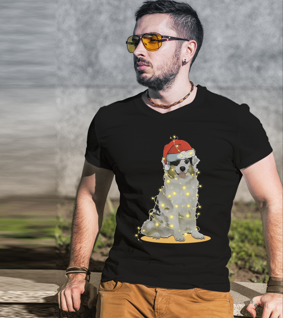 Santa Hat Australian Shepherd Wrapped In Christmas Lights T-Shirt