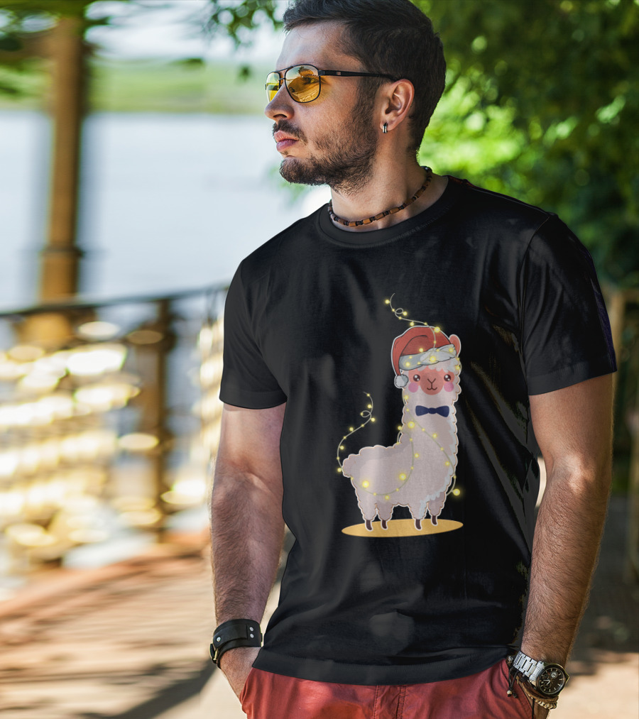 Alpaca Wrapped In Christmas Lights Wearing Santa Hat And Bow Tie T-Shirt