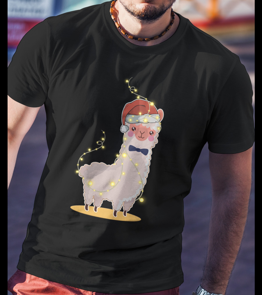 Alpaca Wrapped In Christmas Lights Wearing Santa Hat And Bow Tie T-Shirt