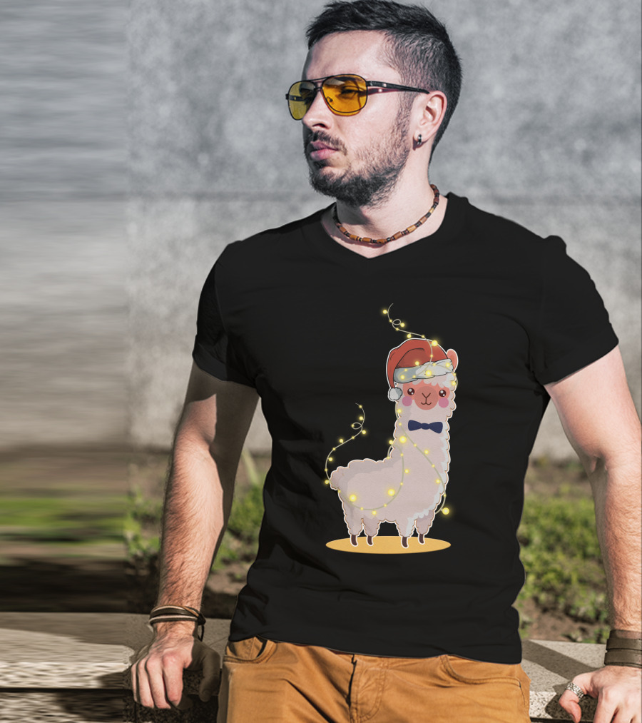 Alpaca Wrapped In Christmas Lights Wearing Santa Hat And Bow Tie T-Shirt