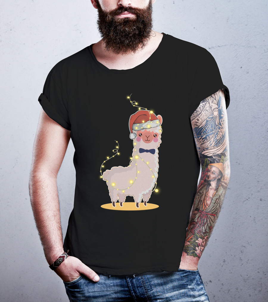Alpaca Wrapped In Christmas Lights Wearing Santa Hat And Bow Tie T-Shirt
