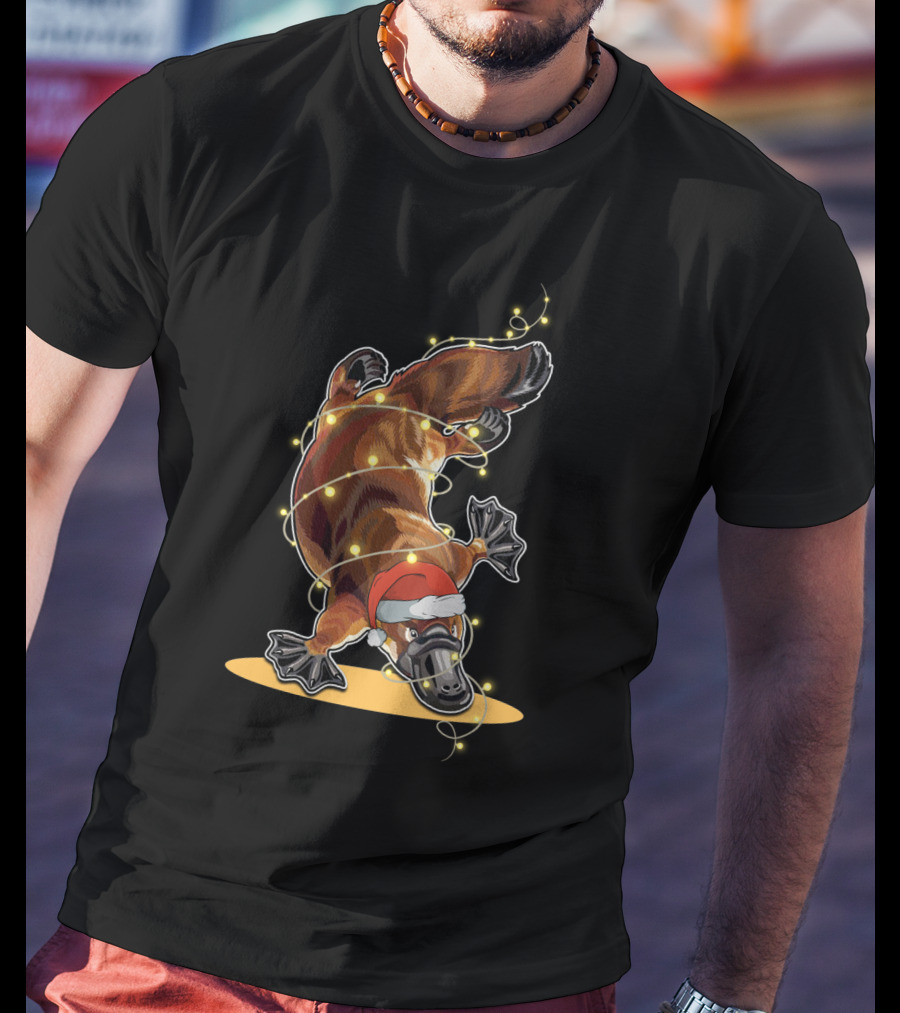 Christmas Lights Platypus Santa Hat Holiday Festive Decor T-Shirt