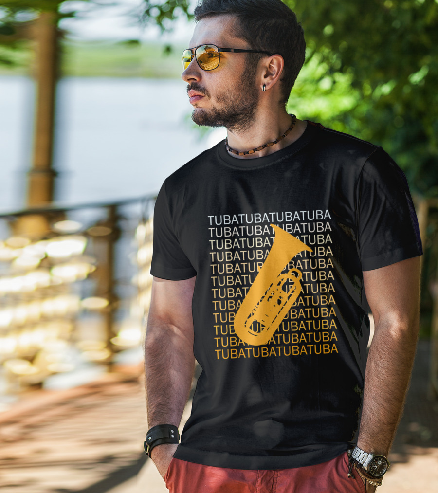 Tuba Repeated Text Pattern With Bold Tuba Image T-Shirt