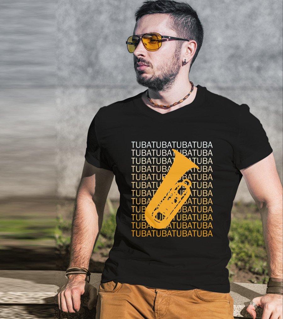 Tuba Repeated Text Pattern With Bold Tuba Image T-Shirt