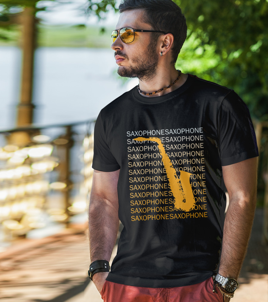 Saxophone Repeated Pattern With Bold Orange Saxophone Highlight T-Shirt