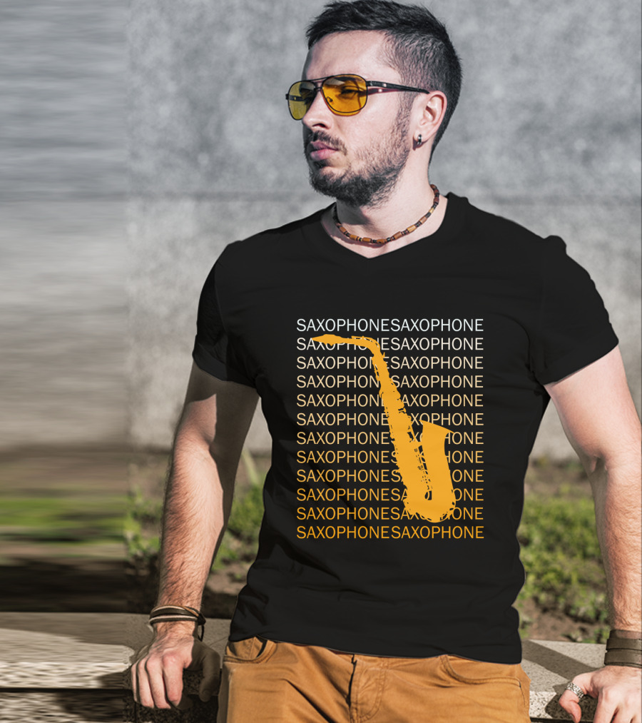 Saxophone Repeated Pattern With Bold Orange Saxophone Highlight T-Shirt