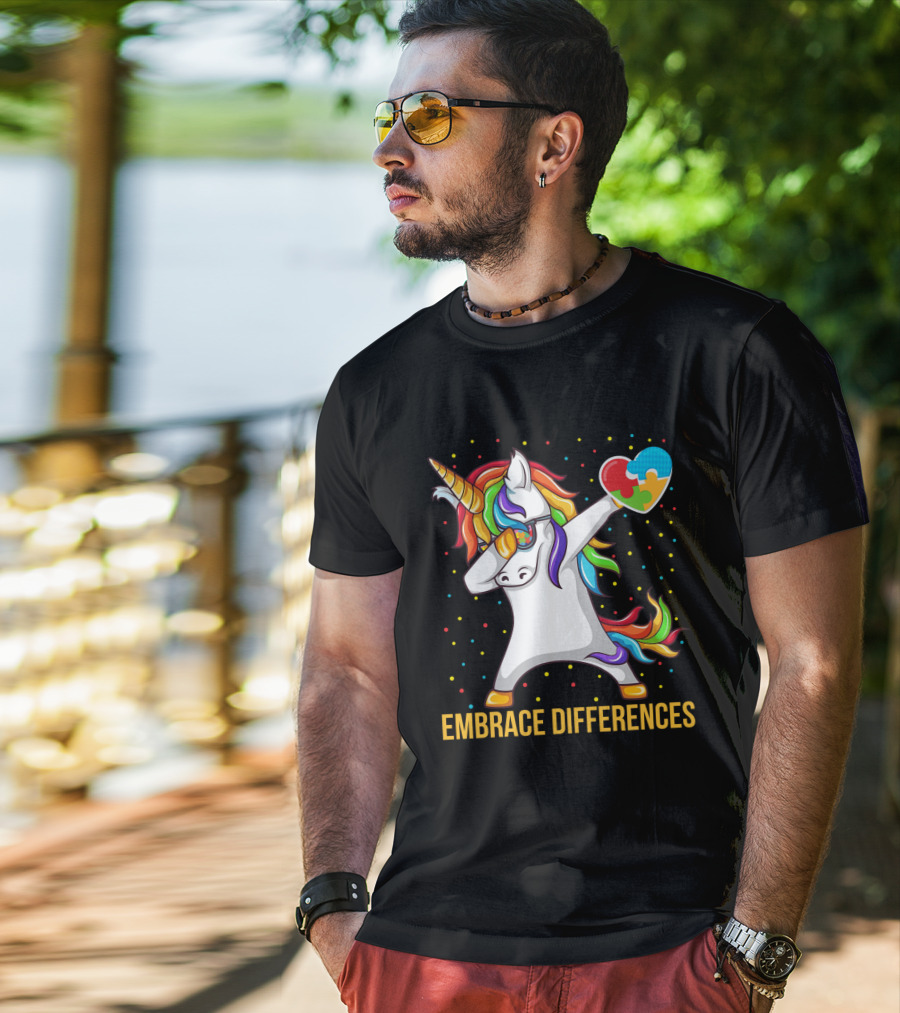 Embrace Differences Autism Awareness Dabbing Unicorn Heart Puzzle Piece T-Shirt