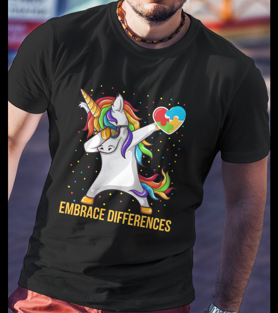 Embrace Differences Autism Awareness Dabbing Unicorn Heart Puzzle Piece T-Shirt