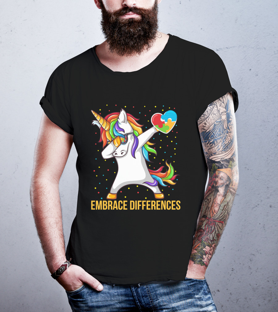 Embrace Differences Autism Awareness Dabbing Unicorn Heart Puzzle Piece T-Shirt