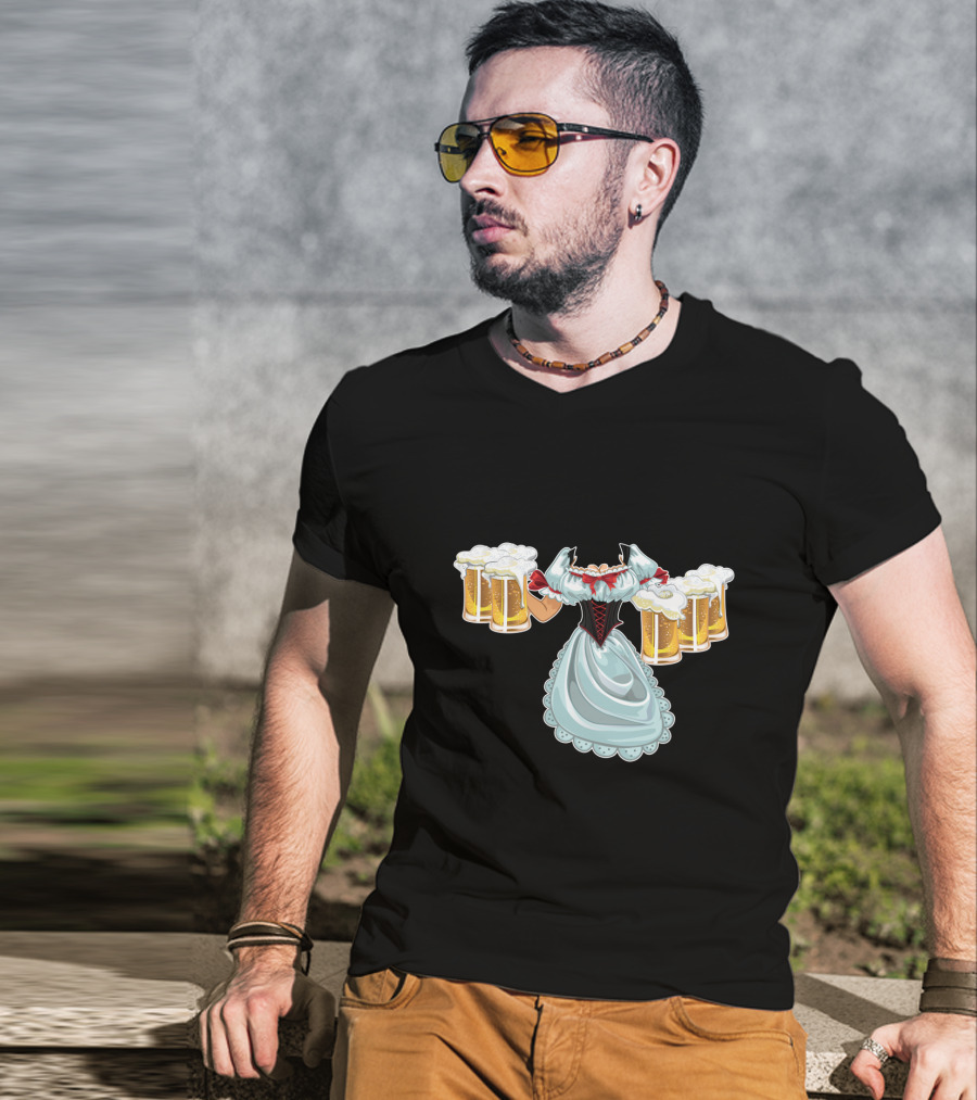 Dirndl Fraulein Oktoberfest Costume With Beer Mugs T-Shirt