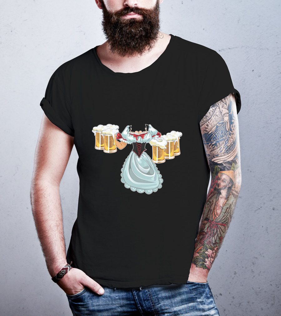 Dirndl Fraulein Oktoberfest Costume With Beer Mugs T-Shirt