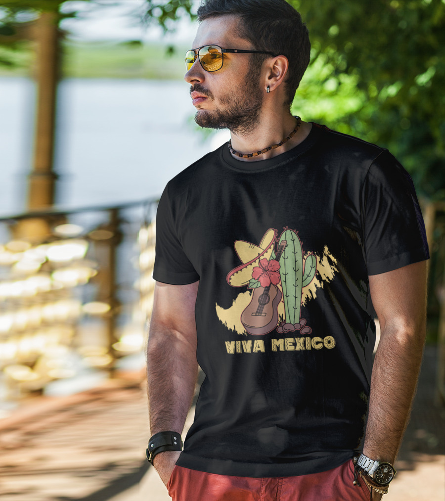 Viva Mexico Sombrero Guitar Cactus Flower T-Shirt