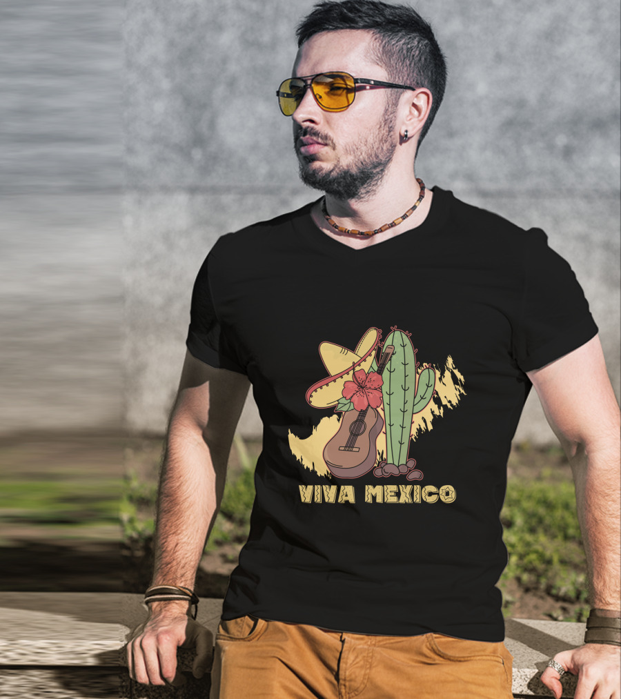 Viva Mexico Sombrero Guitar Cactus Flower T-Shirt