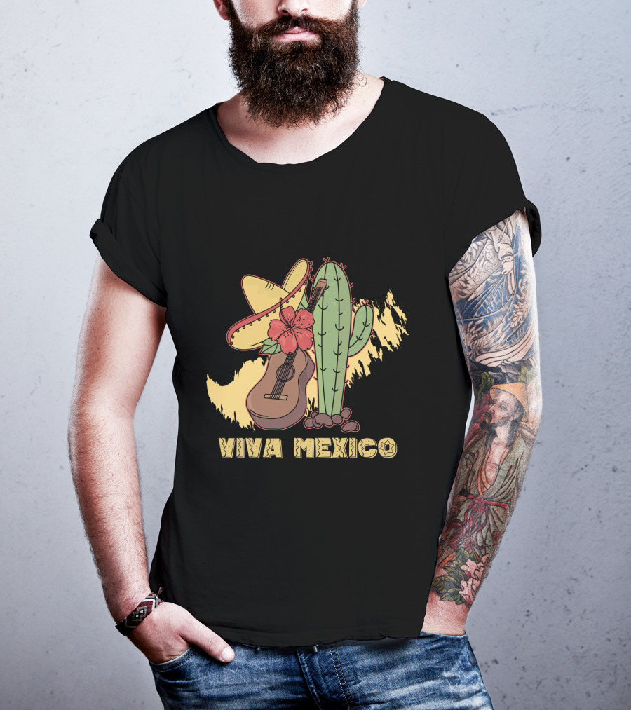 Viva Mexico Sombrero Guitar Cactus Flower T-Shirt