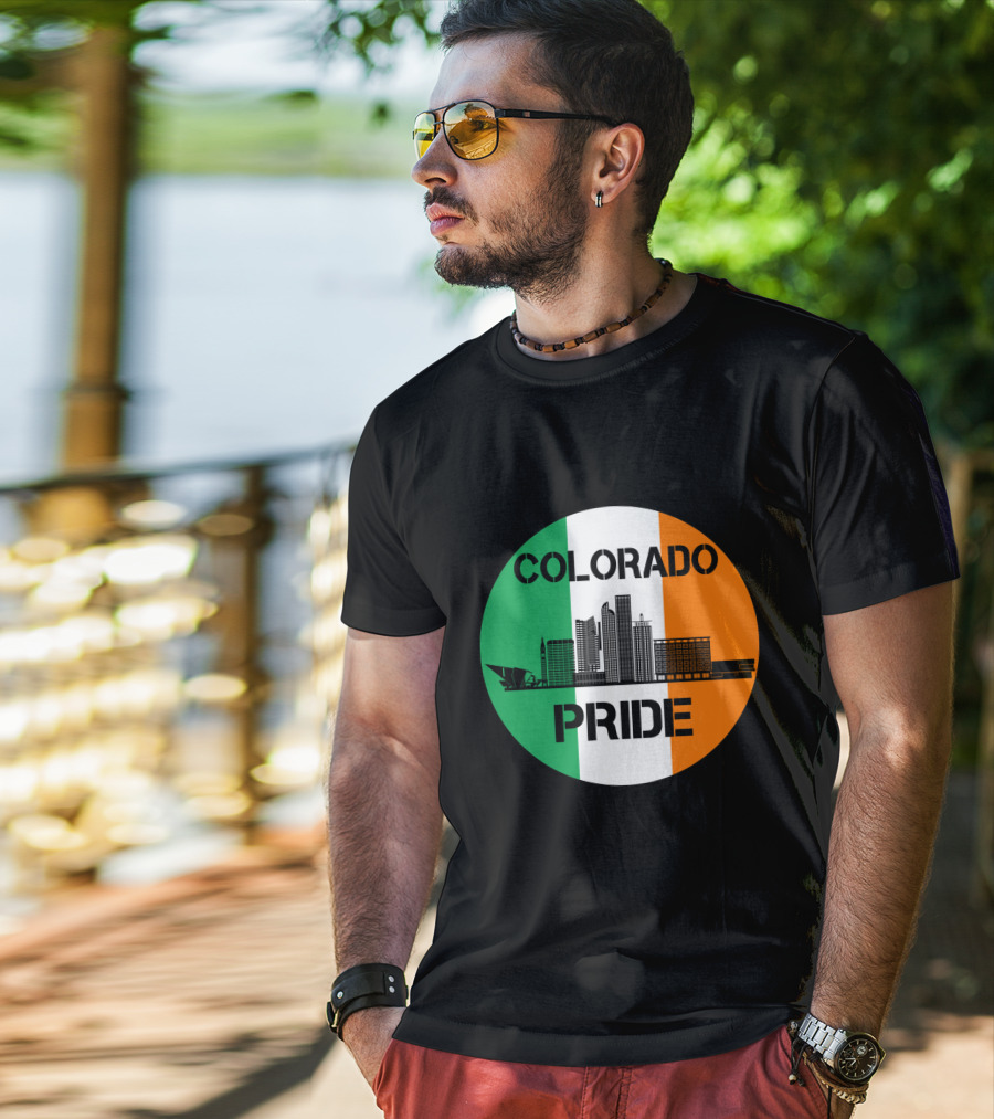 Colorado Pride Skyline With Irish Flag Background T-Shirt