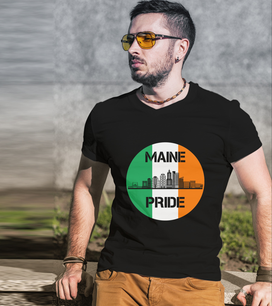 Maine Pride City Skyline With Irish Flag Colors Maine T-Shirt