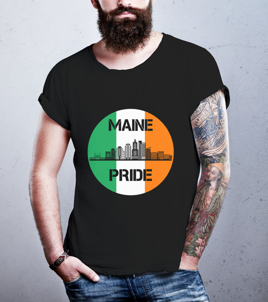 Maine Pride City Skyline With Irish Flag Colors Maine T-Shirt