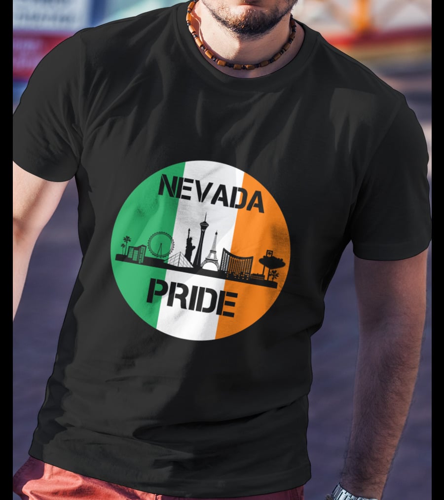 Nevada Pride Skyline With Irish Flag Colors And Iconic Landmarks T-Shirt
