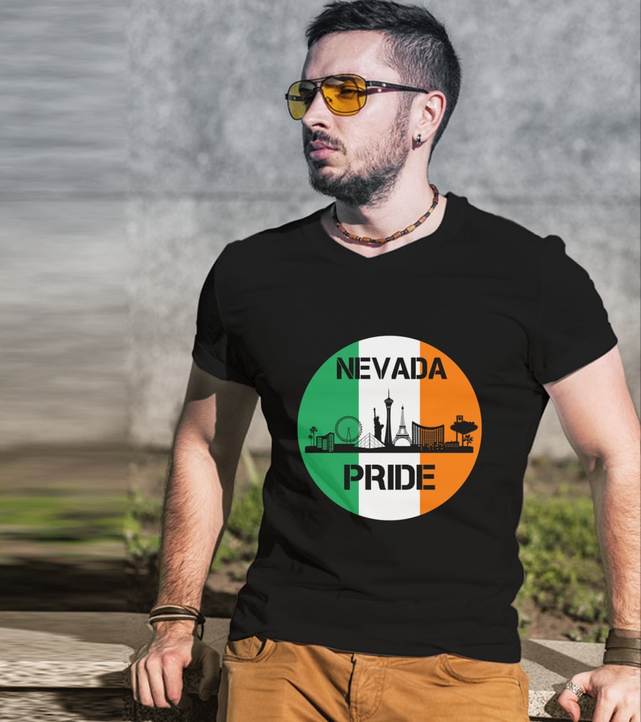 Nevada Pride Skyline With Irish Flag Colors And Iconic Landmarks T-Shirt