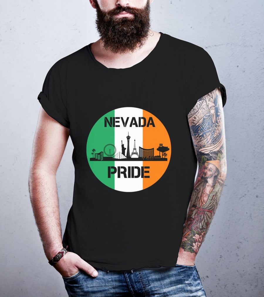 Nevada Pride Skyline With Irish Flag Colors And Iconic Landmarks T-Shirt