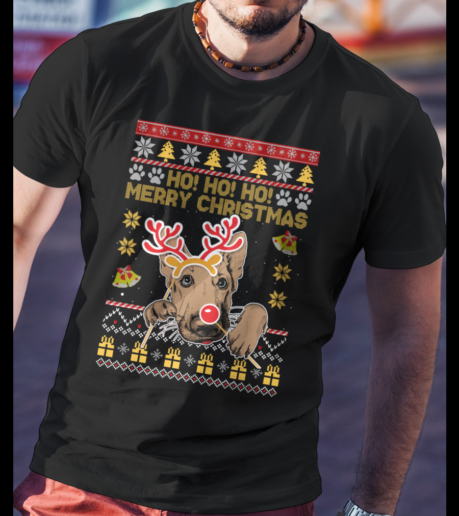 HO HO HO Merry Christmas German Shepherd Reindeer Antlers Ugly Sweater Style Holiday Bells Presents Snowflakes T-Shirt