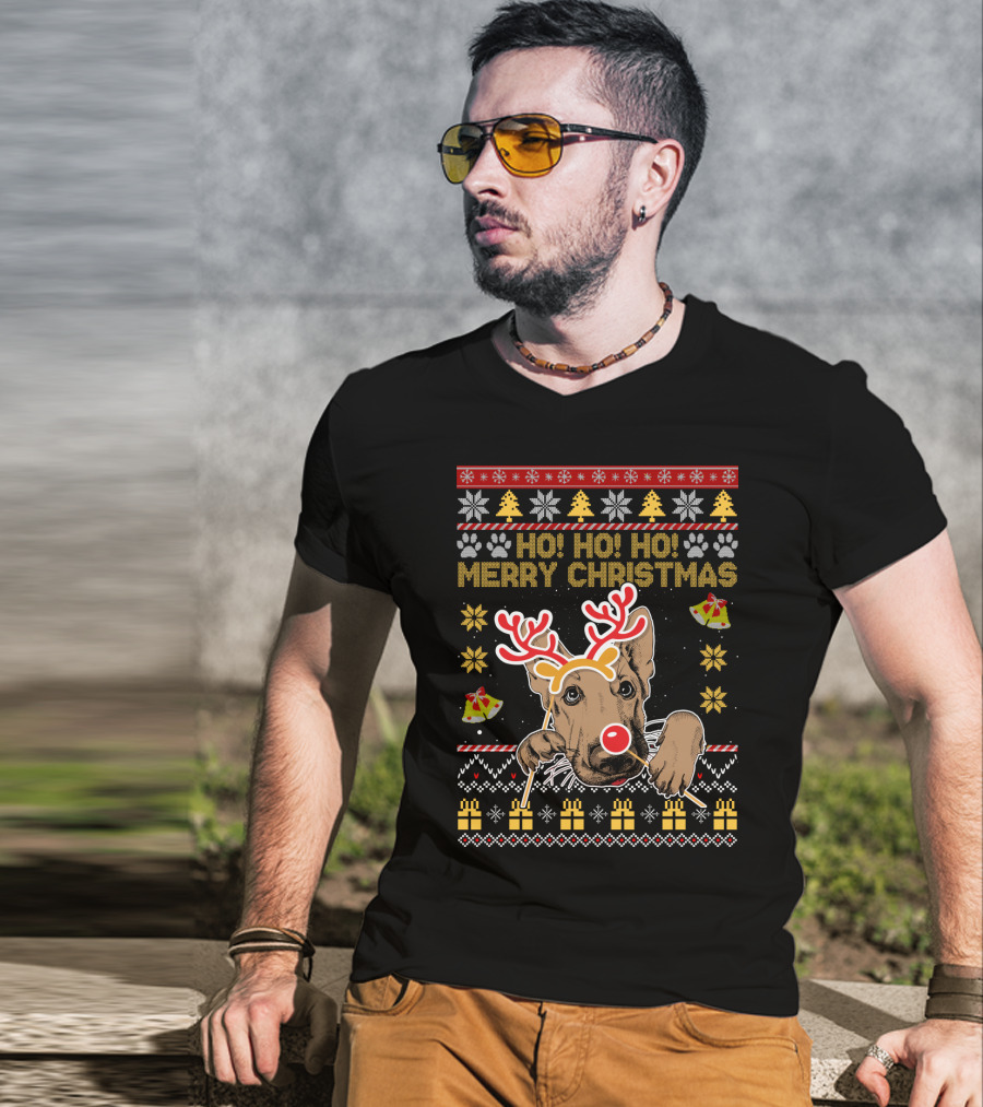 HO HO HO Merry Christmas German Shepherd Reindeer Antlers Ugly Sweater Style Holiday Bells Presents Snowflakes T-Shirt