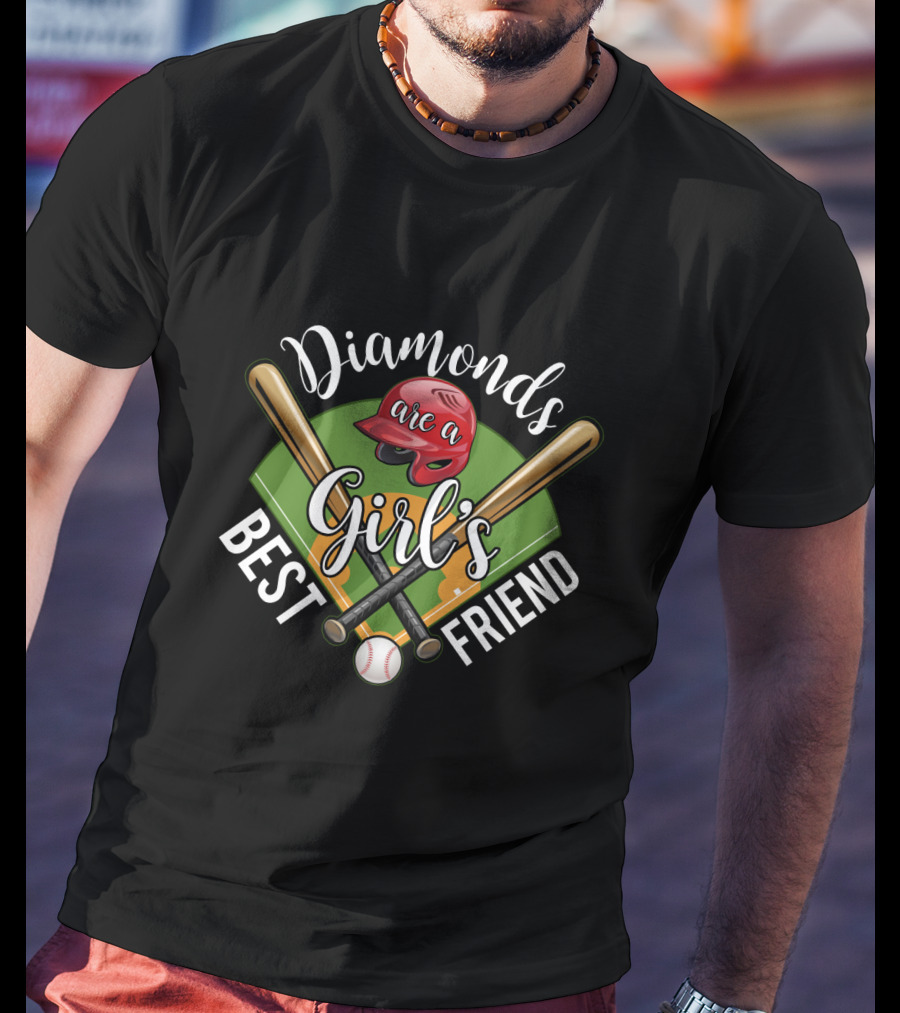 Diamonds Are A Girl's Best Friend Baseball Theme With Bats, Red Helmet, And Field T-Shirt