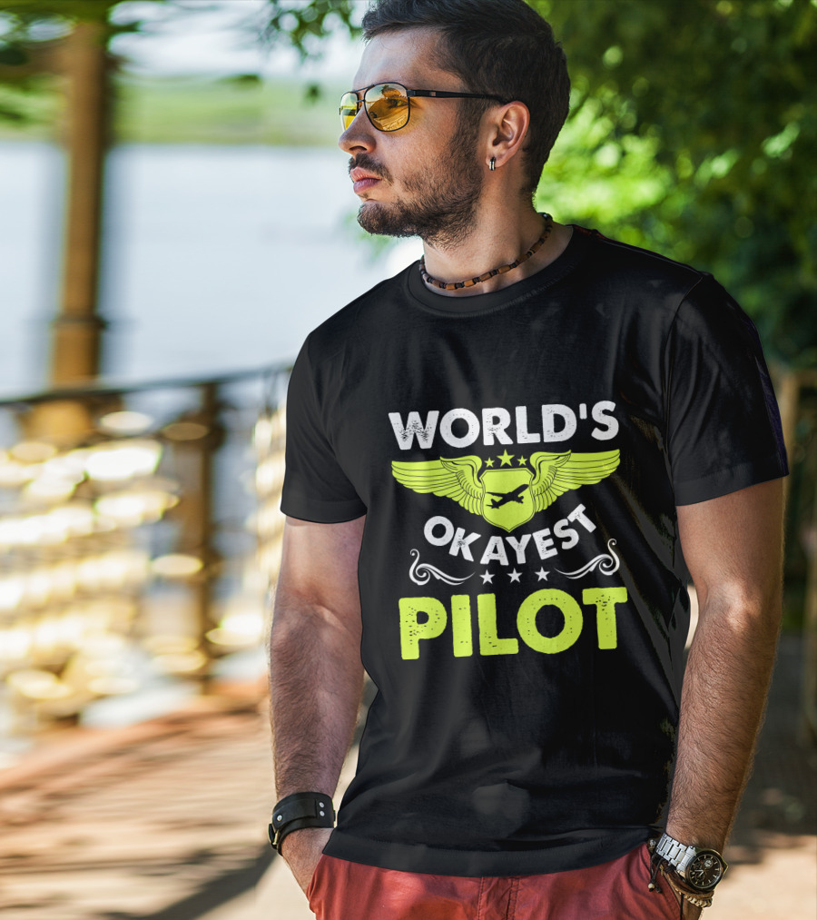 WORLD'S OKAYEST PILOT Wing Emblem Stars T-Shirt