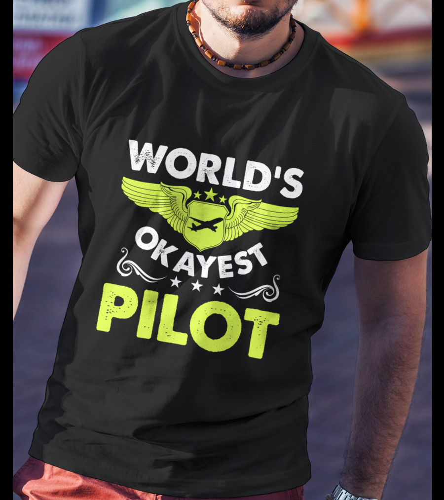 WORLD'S OKAYEST PILOT Wing Emblem Stars T-Shirt
