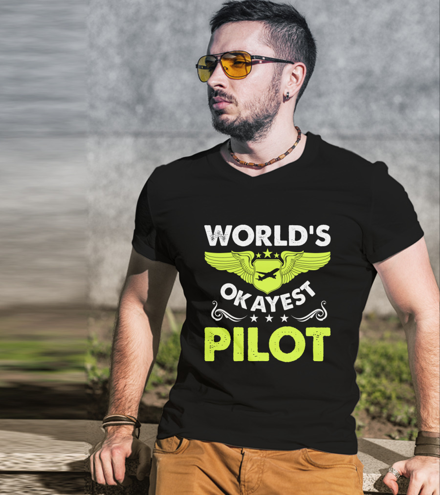 WORLD'S OKAYEST PILOT Wing Emblem Stars T-Shirt