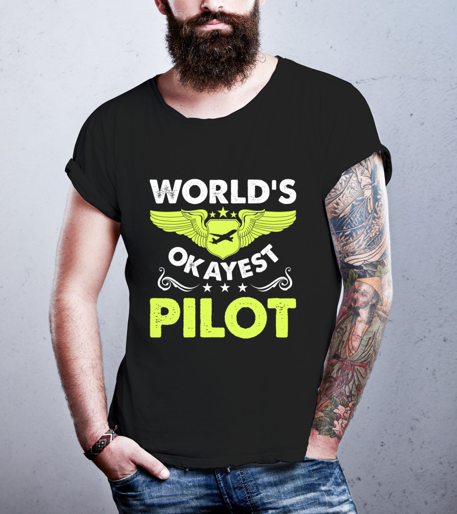 WORLD'S OKAYEST PILOT Wing Emblem Stars T-Shirt