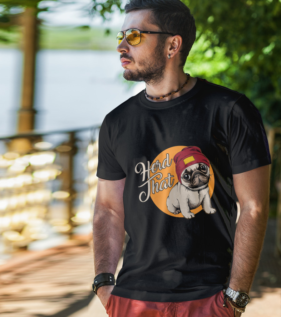 Herd That Funny Pug Dog Animal Lover With Red Beanie T-Shirt