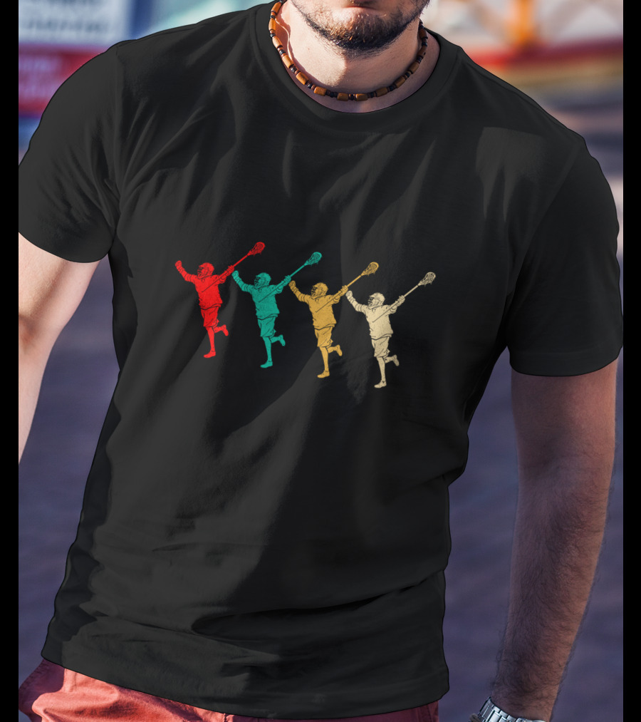 Vintage Lacrosse Joyful Retro Silhouette Players In Multicolor Motion T-Shirt
