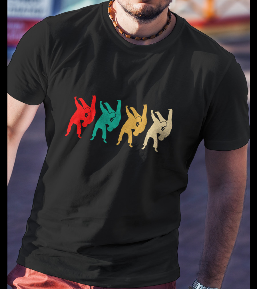 Vintage Judo Throw Silhouettes Red Teal Yellow Beige T-Shirt