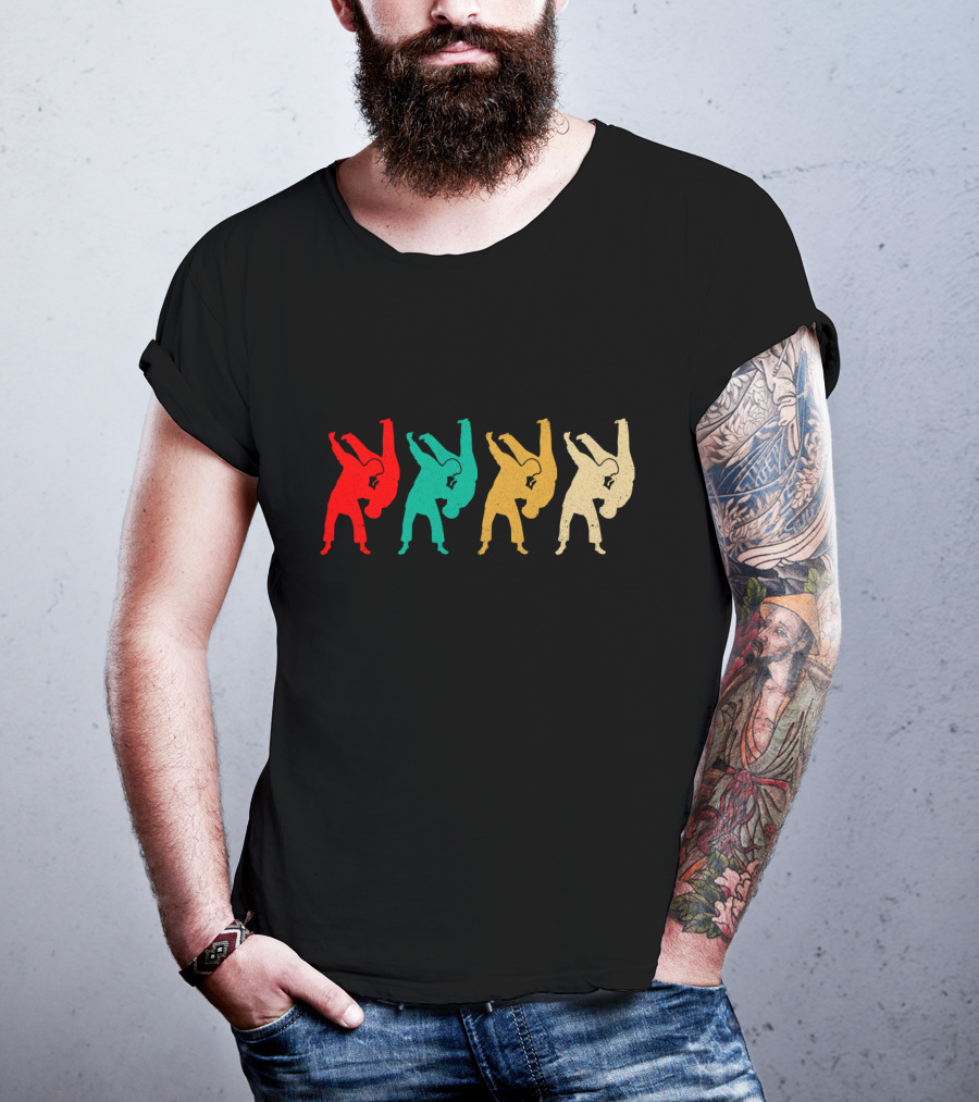 Vintage Judo Throw Silhouettes Red Teal Yellow Beige T-Shirt