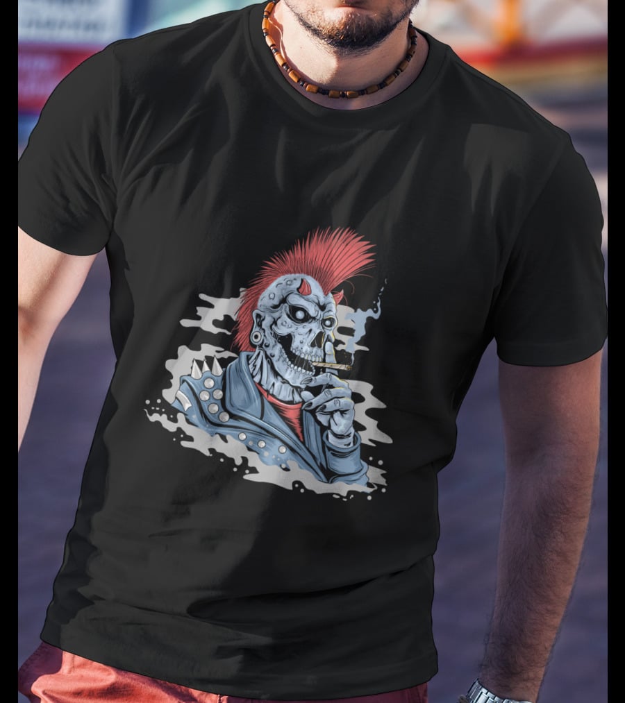 Skull Punk Mohawk With Spiked Leather And Smoking Cigarette T-Shirt