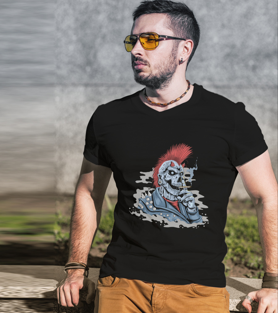 Skull Punk Mohawk With Spiked Leather And Smoking Cigarette T-Shirt
