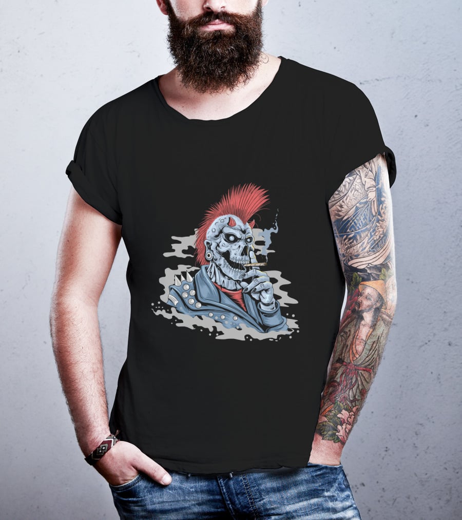 Skull Punk Mohawk With Spiked Leather And Smoking Cigarette T-Shirt