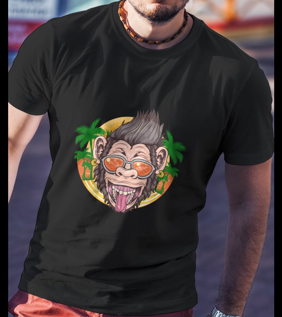 Funny Chimpanzee Sunglasses Tropical Sunset T-Shirt
