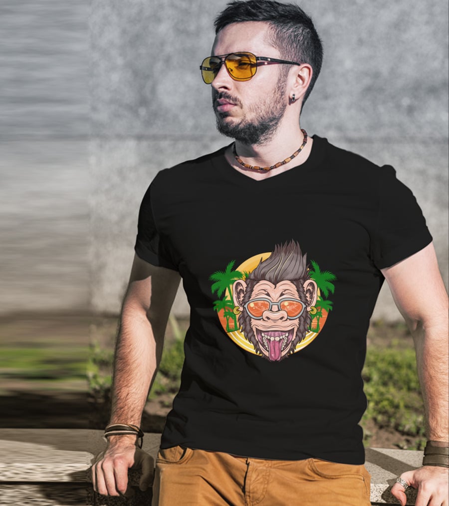 Funny Chimpanzee Sunglasses Tropical Sunset T-Shirt