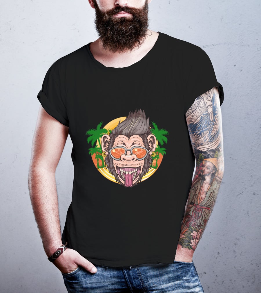 Funny Chimpanzee Sunglasses Tropical Sunset T-Shirt