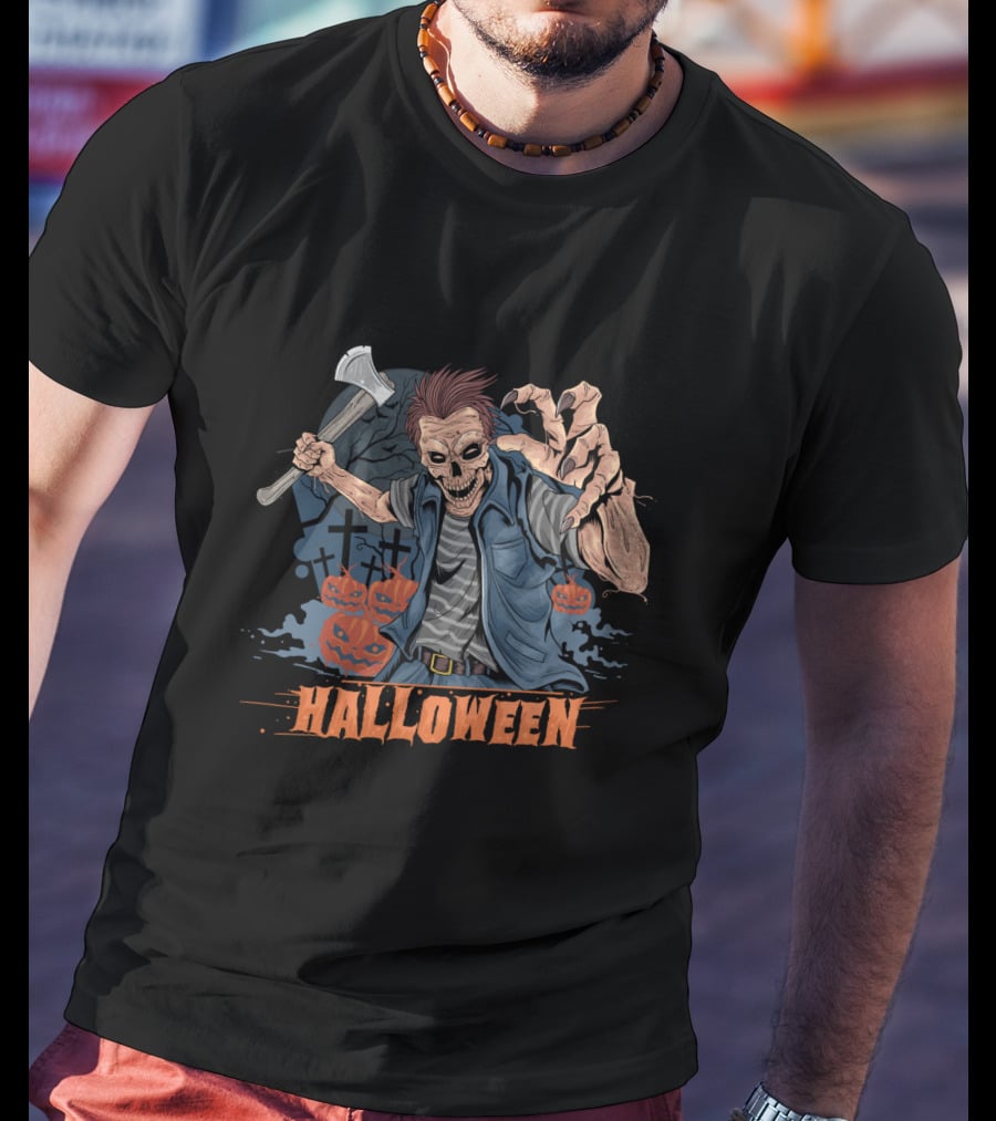 Halloween Funny Zombie With Axe And Pumpkins T-Shirt