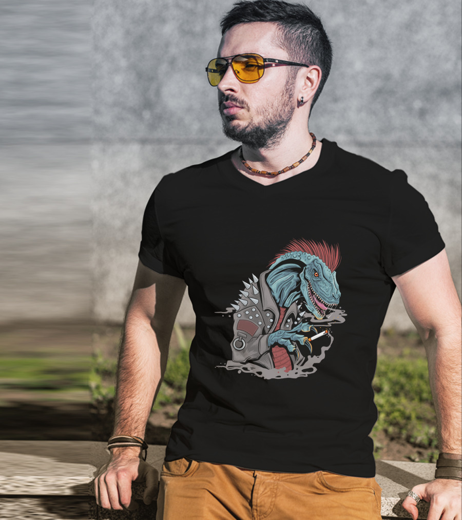 Punk Dinosaur With Spiked Jacket And Mohawk T-Shirt