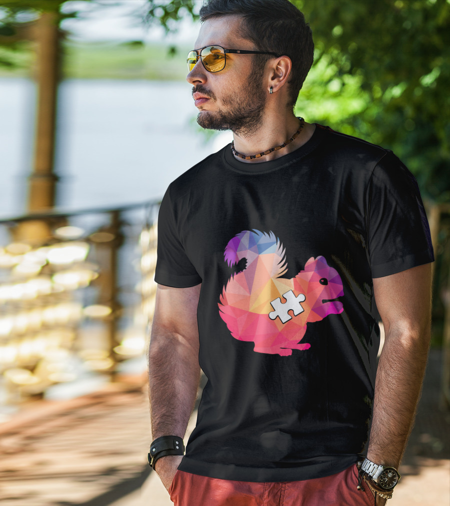 Squirrel Autism Awareness Puzzle Piece Geometric Multicolor T-Shirt
