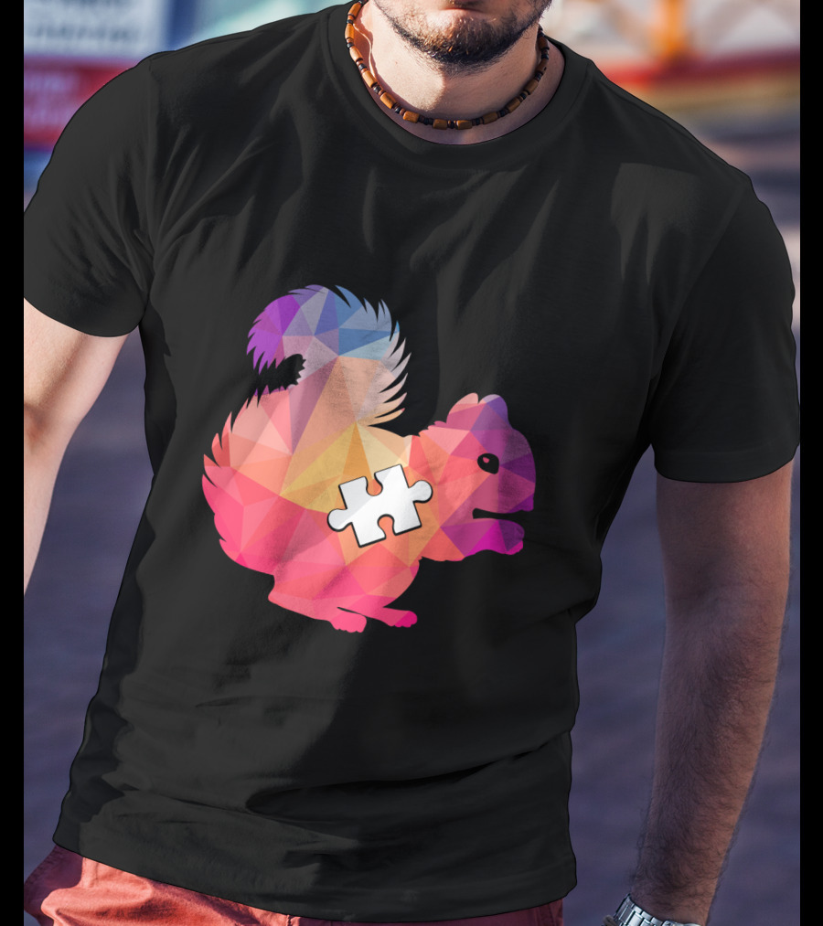 Squirrel Autism Awareness Puzzle Piece Geometric Multicolor T-Shirt