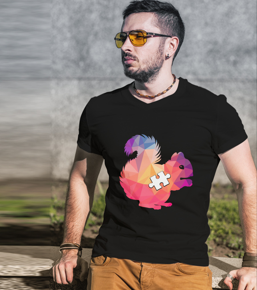 Squirrel Autism Awareness Puzzle Piece Geometric Multicolor T-Shirt
