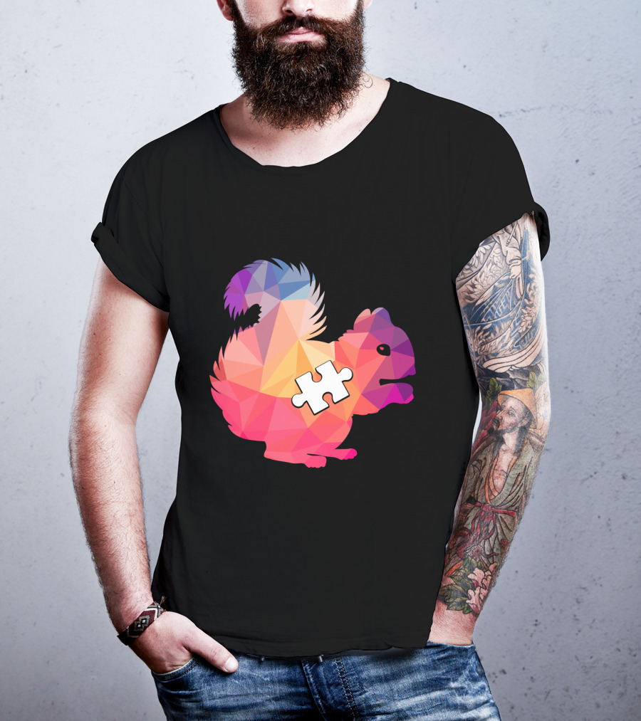 Squirrel Autism Awareness Puzzle Piece Geometric Multicolor T-Shirt