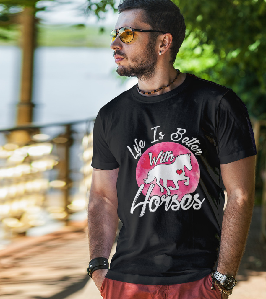 Life Is Better With Horses White Silhouette And Pink Watercolor Circle T-Shirt